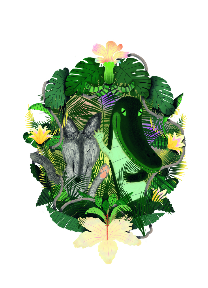 Krokodil und Wolf inmitten üppiger grüner Blätter und leuchtender tropischer Blumen.