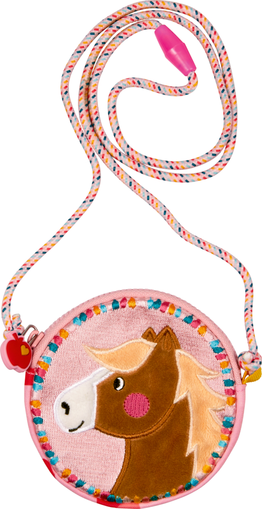 "Runde rosa Kinderhandtasche mit Ponymotiv und buntem Riemen auf weißem Hintergrund."