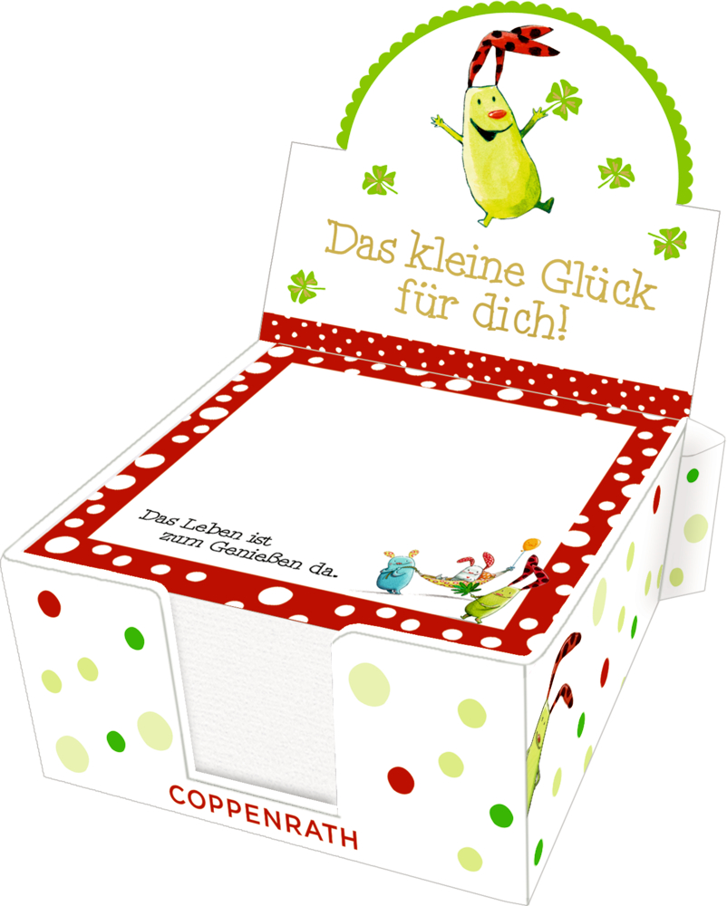Fröhlicher Notizhalter mit bunten Punkten und der Aufschrift: Das kleine Glück für dich!