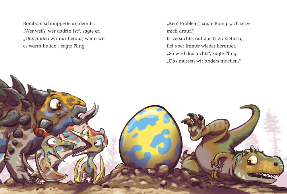 Auf einer Doppelseite sind drei Cartoon-Dinosaurier abgebildet die auf ein großes blau-gelbes Ei auf dem Boden starren, während ein vierter Dino in der Nähe steht.