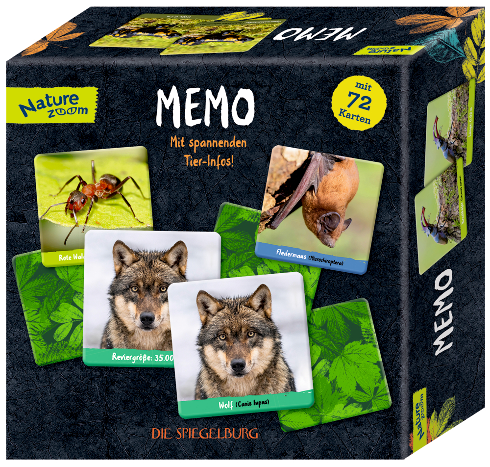 "Schwarze Pappbox mit verschiedenen quadratischen Tiermotiven, davon manche doppelt."