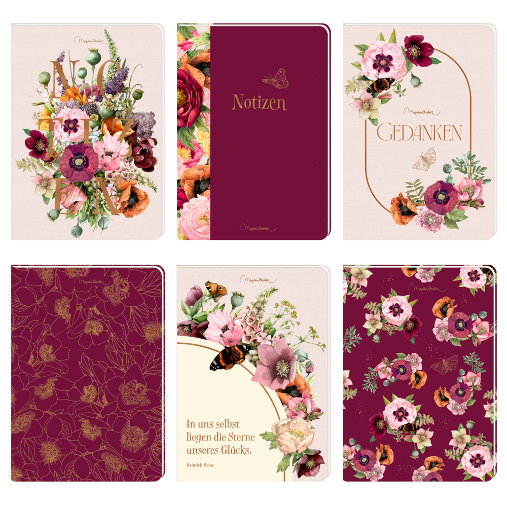 Sechs Notizhefte mit rosa und burgunderfarbenen Blumenmustern, jeweils mit deutschem Text auf dem Umschlag.