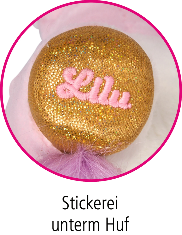 Goldfarbener Huf mit glitzernder Oberfläche und rosa Stickerei mit dem Wort „Lilu“.