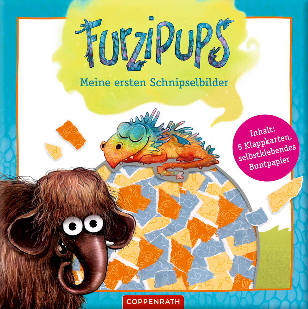 Kinderbuchcover: Wollmammut, bunte Eidechse und zerrissene Papierkunst auf blauem Hintergrund.