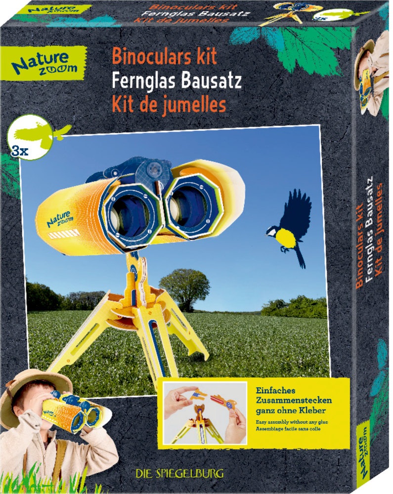 Verpackung eines gelb-orangefarbenen Fernglas-Bausatzes mit Stativ, Kind mit Fernglas in den Händen.