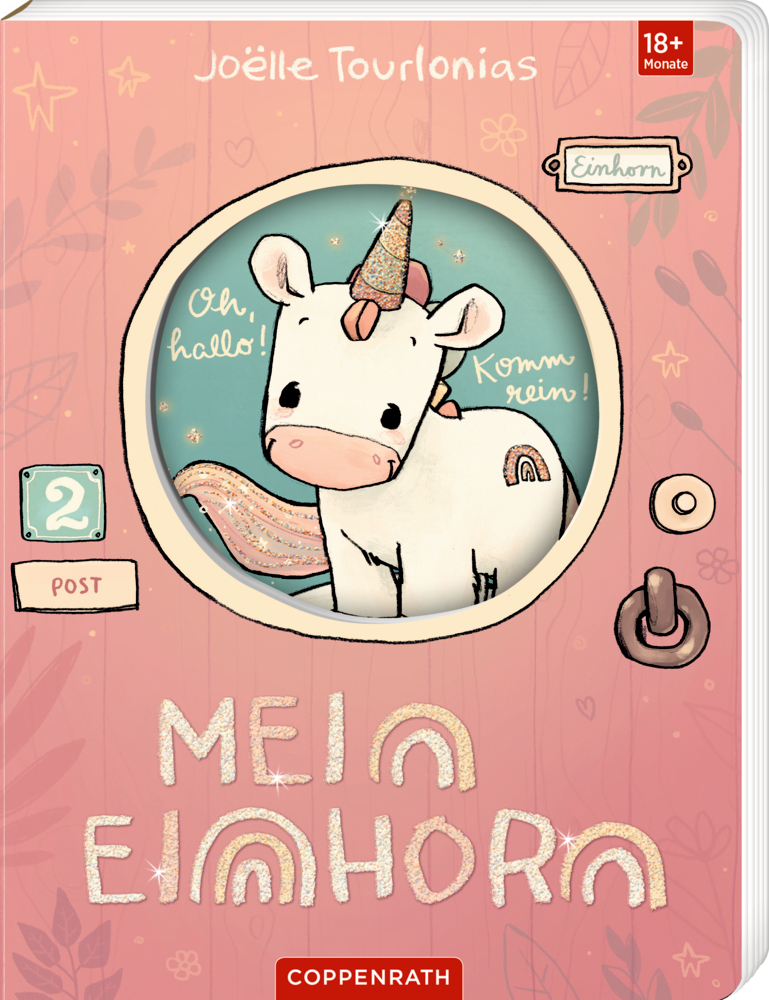 Kinderbuch mit gezeichnetem weißen Einhorn mit glitzerndem Horn in rundem Fenster auf rosa Hintergrund.