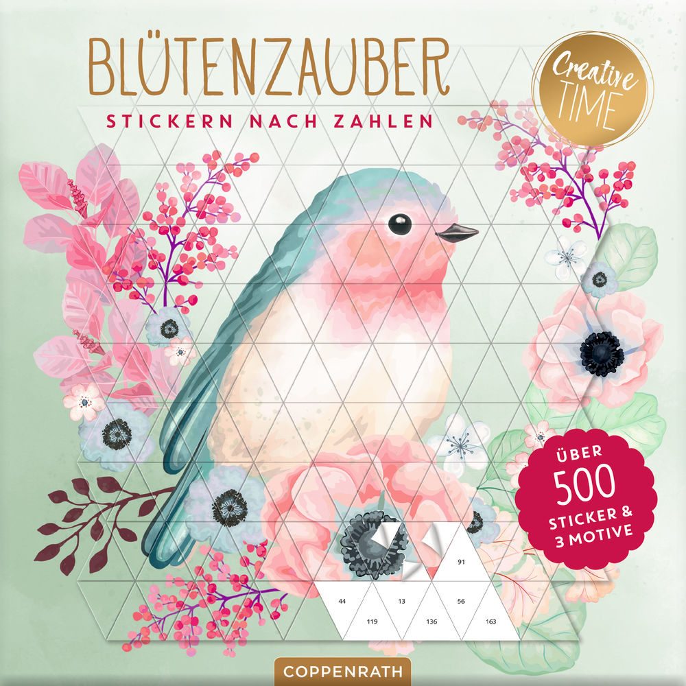 Illustrierter Vogel mit rosa Blumen, nummerierte Dreiecke zum Aufkleben. Deutscher Text.