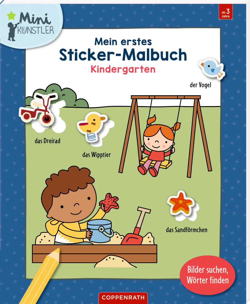 Cover eines Kinder-Sticker-Malbuchs mit Spielplatz-Illustrationen und Gegenstände die  beschriftet sind.