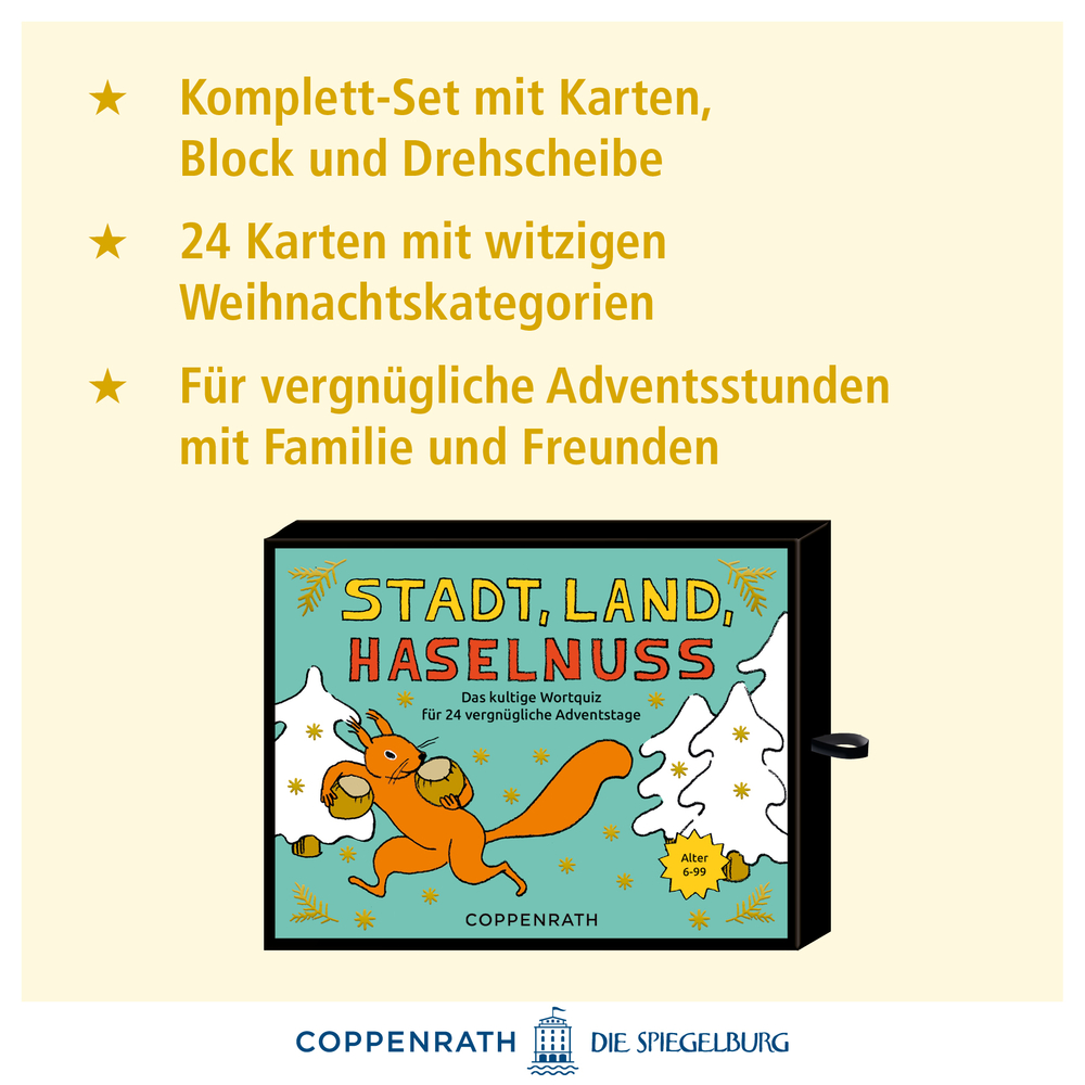 Spielbox „Stadt, Land, Haselnuss“ mit Eichhörnchen, Tannen und Nüssen auf grünem Hintergrund.