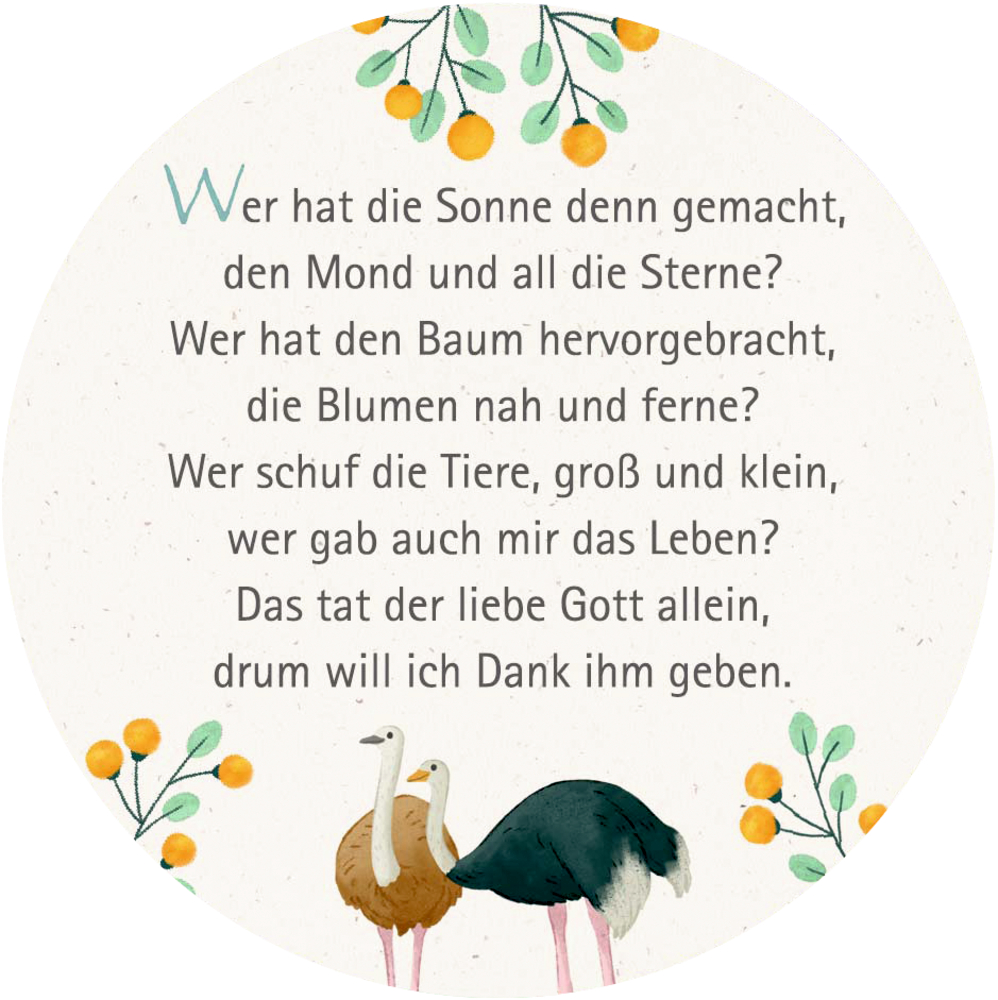 Runde Illustration mit Gedicht, zwei Straußen, grünen Blättern und orangefarbenen Beeren oben und unten.