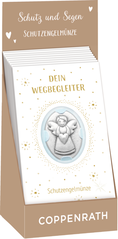 SchutzengelmÃ¼nze in Geschenkumschlag mit Folie präsentiert in einem Display mit dem Titel â€žSchutz und Segen Schutzengelmünzeâ€œ.