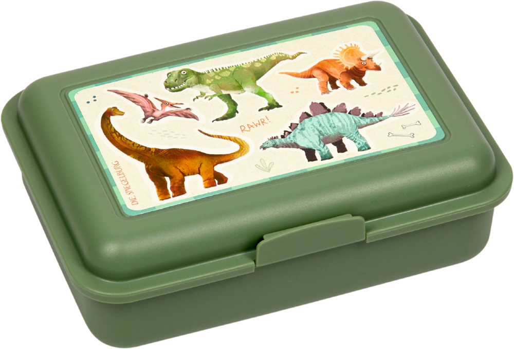 Grüne Brotbox mit bunten Dino-Illustrationen auf einer hellen Fläche.