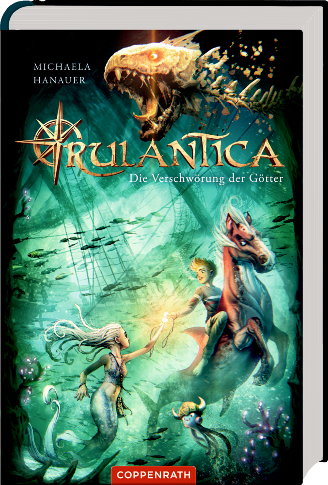 Fantasy-Buchcover mit Meerjungfrauenmotiv, Seepferdchen, Unterwasserruinen und dem goldenen Titel „Rulantica“.
