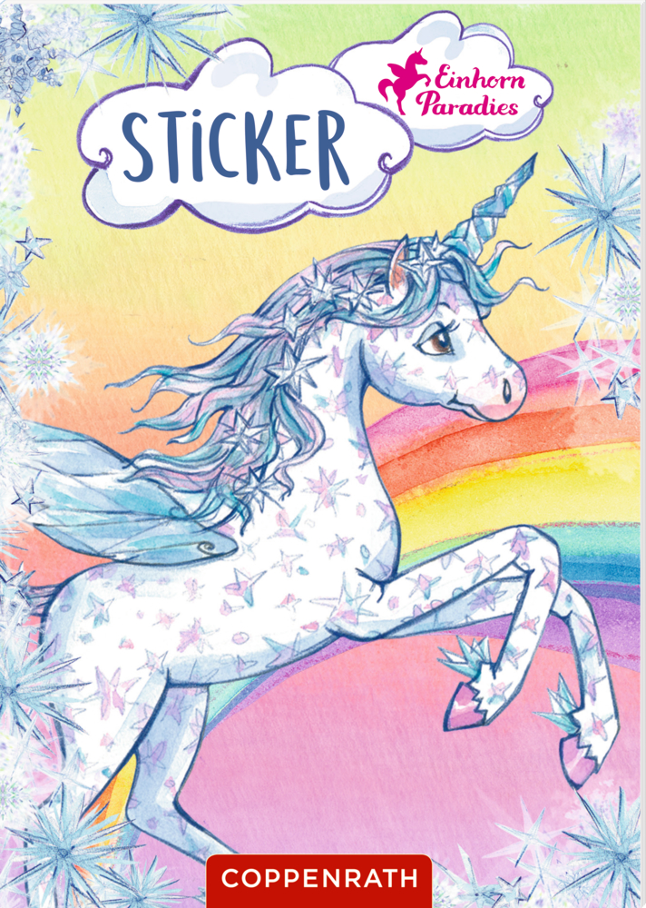 Ein geflügeltes weißes Einhorn mit blauer Mähne tänzelt vor einem Regenbogen auf einem farbenfrohen Stickerbuch-Cover.