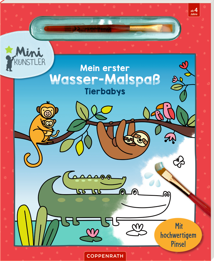 Bilderbuchcover mit halb ausgemaltem Krokodil und eingesetztem Pinsel oben.