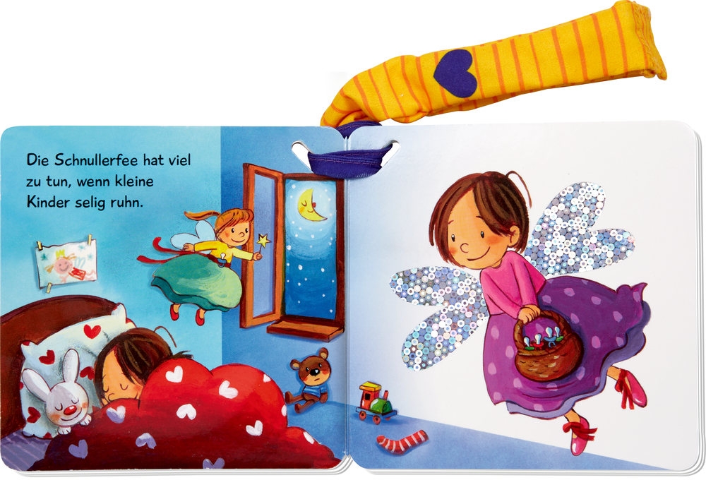 Illustration mit schlafendem Kind im Bett, Kuscheltier und einer Fee mit Korb und glitzernden Flügeln im Kinderzimmer.