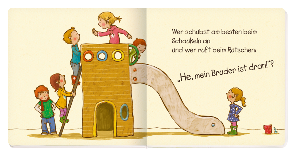 Kinder spielen auf einer Rutsche, während ein Mädchen mit Händen in der Hüfte zusieht.