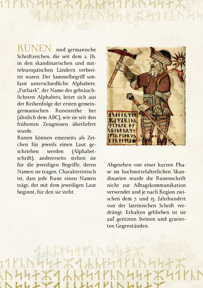 Runentext, dekorativer Runenrand und Abbildung eines Wikingers mit einer Axt, als Beilage.