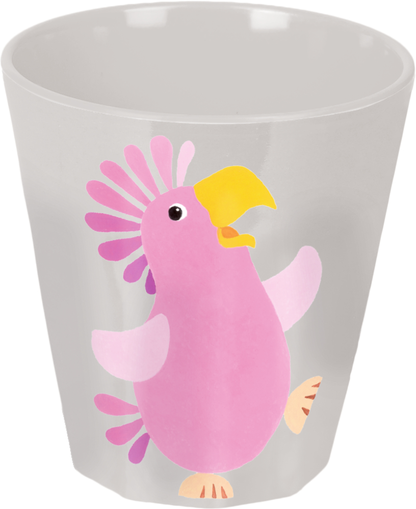 Grauer Becher mit einem rosa Cartoon-Kakadu mit gelbem Schnabel und rosa Federn.