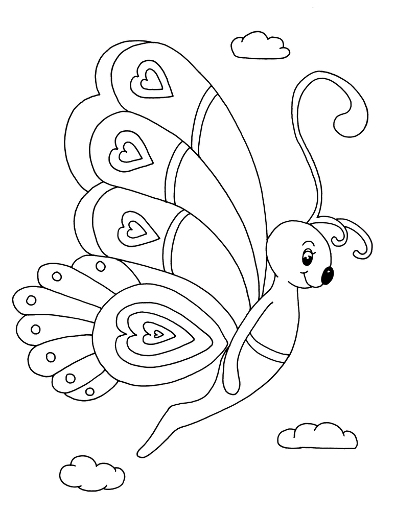 Lächelnder Ausmal-Schmetterling mit herzförmigen Flügeln, der zwischen Wolken fliegt.