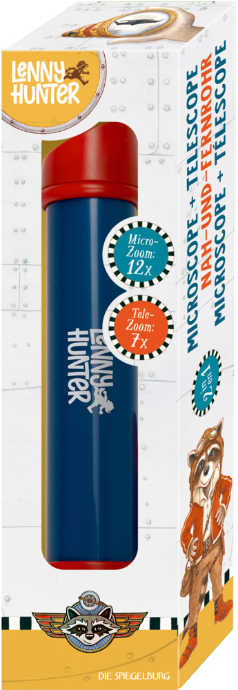 Blau-rotes Teleskop in einer Box mit illustriertem Tierpiloten und Produktdetails.