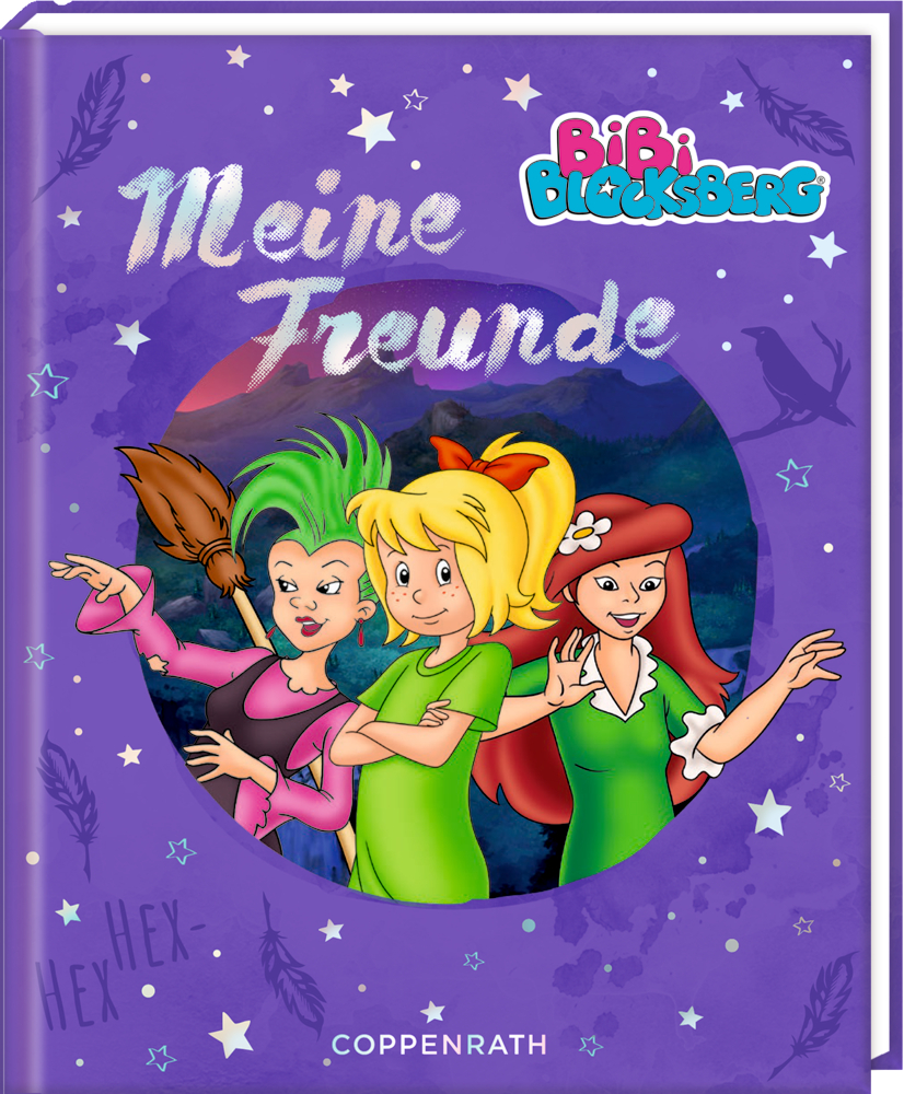 Lila Kinderbuch mit drei gezeichneten Mädchenfiguren, Sternmotiven und dem Titel „Meine Freunde“.