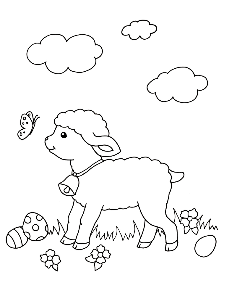 Ein Lamm mit einer Glocke steht im Gras und ist von Blumen, Eiern, Wolken und einem Schmetterling umgeben.