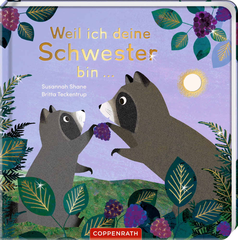 Buchcover mit zwei Waschbären, die sich eine Brombeere in einer grünen Landschaft mit Sonne und violettem Himmel reichen.