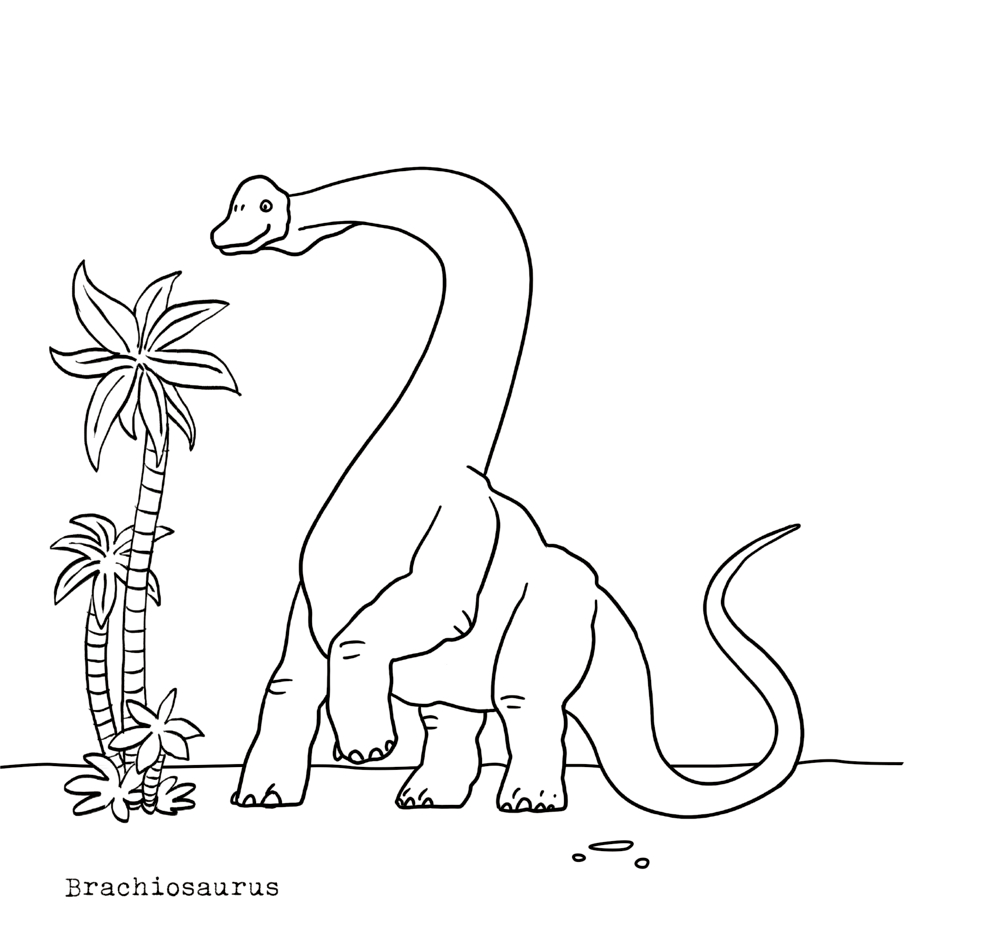 Ausmalbild eines Brachiosaurus mit erhobenem Hals, der neben zwei Palmen steht.