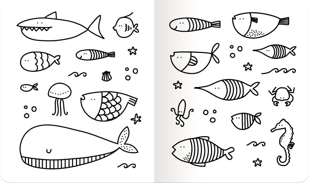 Schwarz-weiße Zeichnung mit verschiedenen Fischen, Wal, Hai, Qualle, Seepferdchen, Krabbe und Meereselementen.