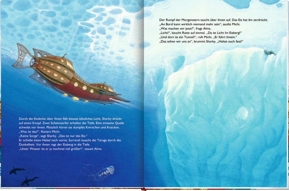 U-Boot unter Wasser mit Fischen, einem großen Eisberg voraus und  Text auf beiden Seiten.