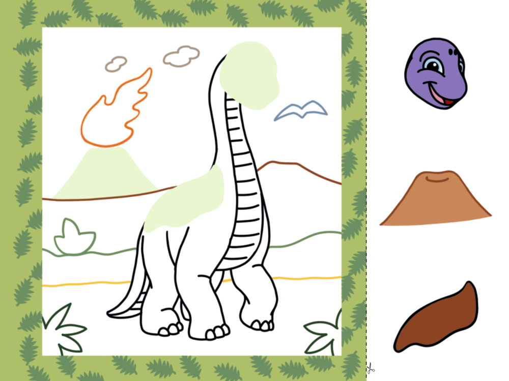 Die Malvorlage zeigt einen Dinosaurier und einen Vulkan. Rechts sind Symbole für Kopf, Vulkan und Schwanz.
