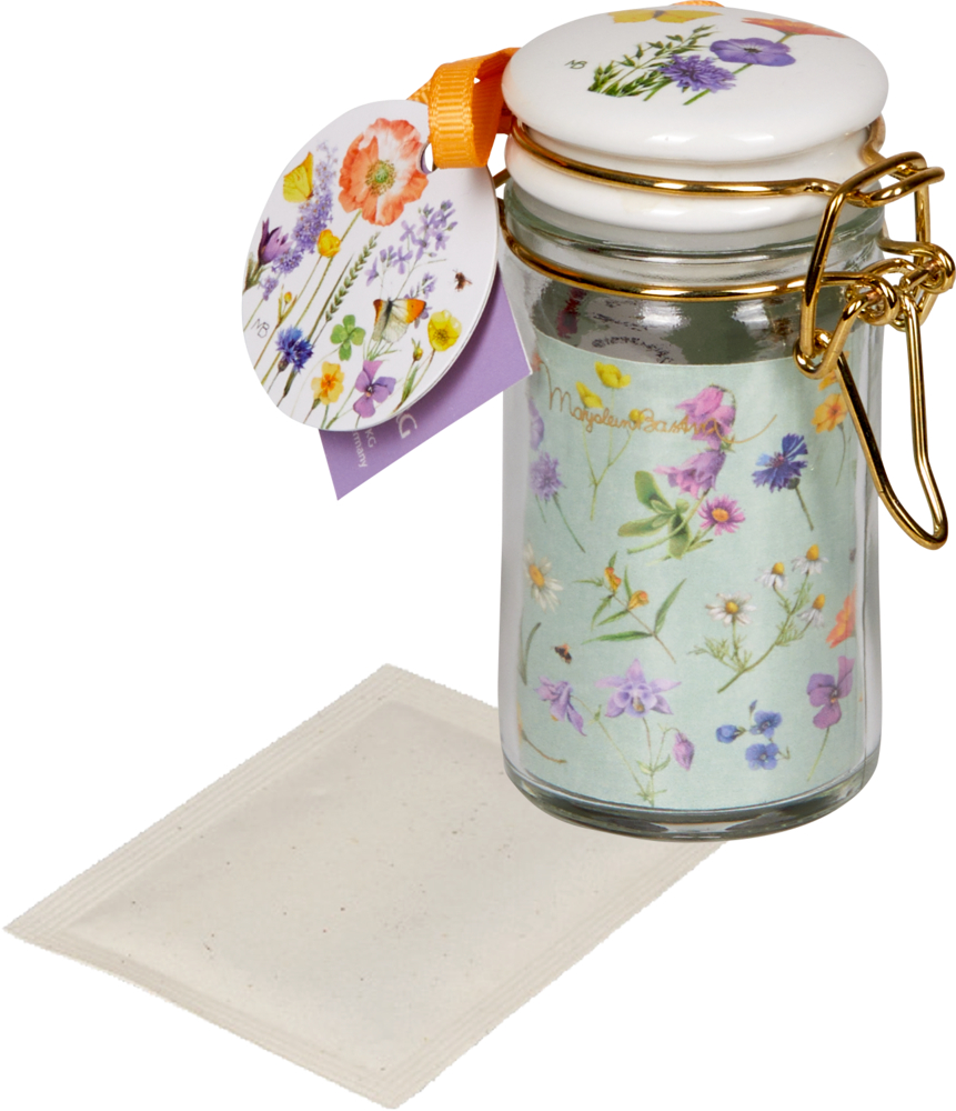 Kleines Glasgefäß mit Blumenmuster, orangefarbener Schleife, weißem Deckel und Schnappverschluss.