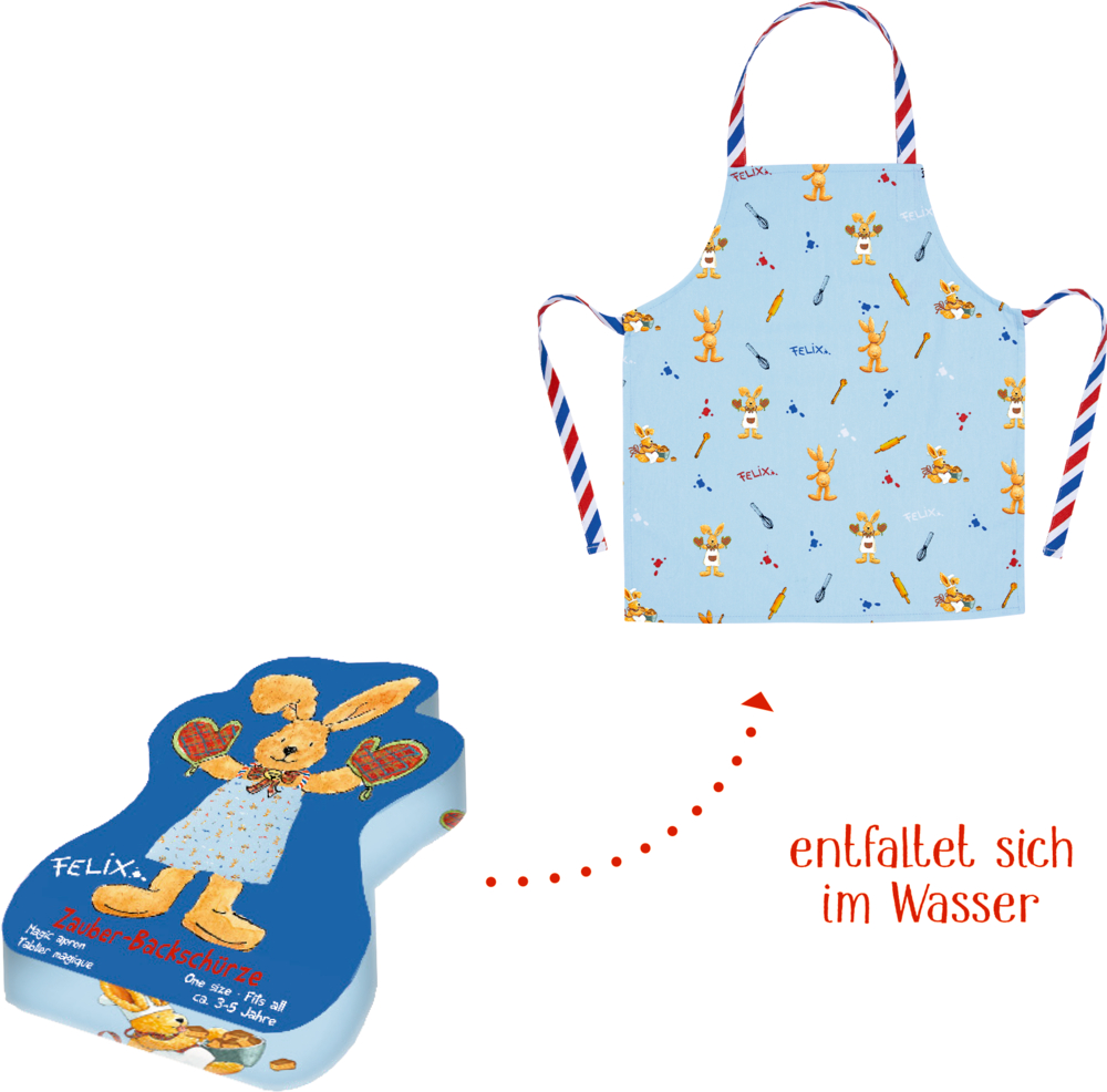 Hellblaue Kinderschürze, die sich beim Einweichen in Wasser aus einem komprimierten Päckchen entfalten.
