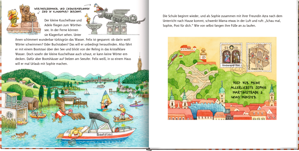 Eine Kinderbuchseite mit Illustrationen von Booten auf einem See, Häusern und einem Brief und deutschem Text.