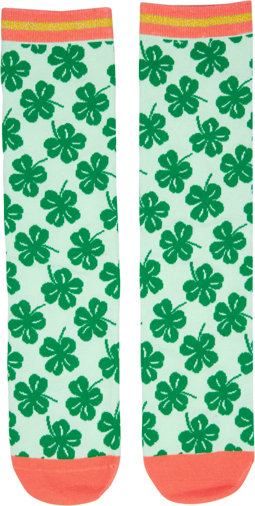 Mintgrüne Socken mit grünen Kleeblattmustern, orangefarbenen Zehen- und Bündchen mit gelbem Streifen.