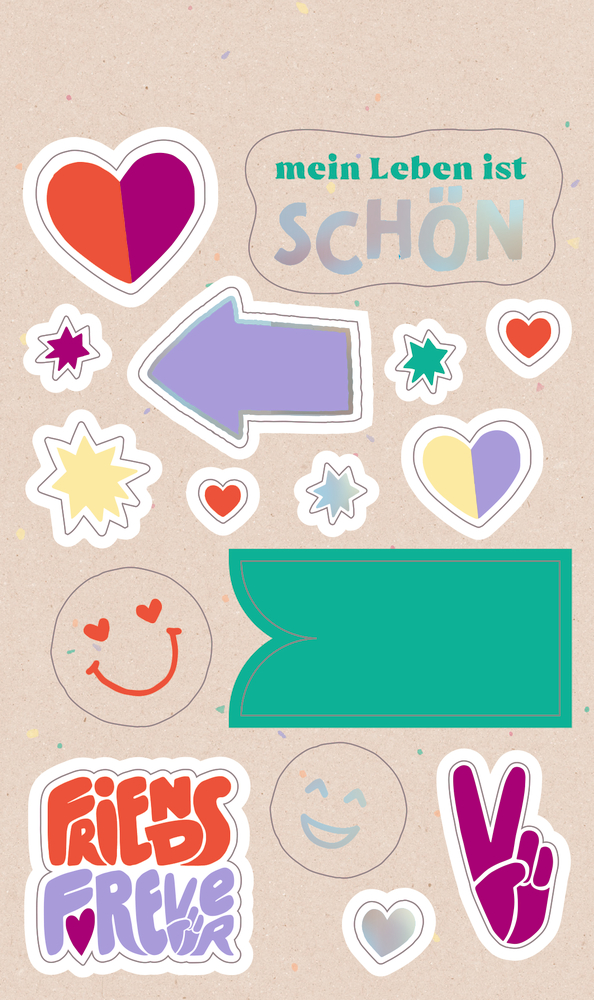 Stickerbogen mit bunten Formen, Herzen, Pfeil, Smiley-Gesichtern und Texten „mein Leben ist schön“ und „friends forever“.