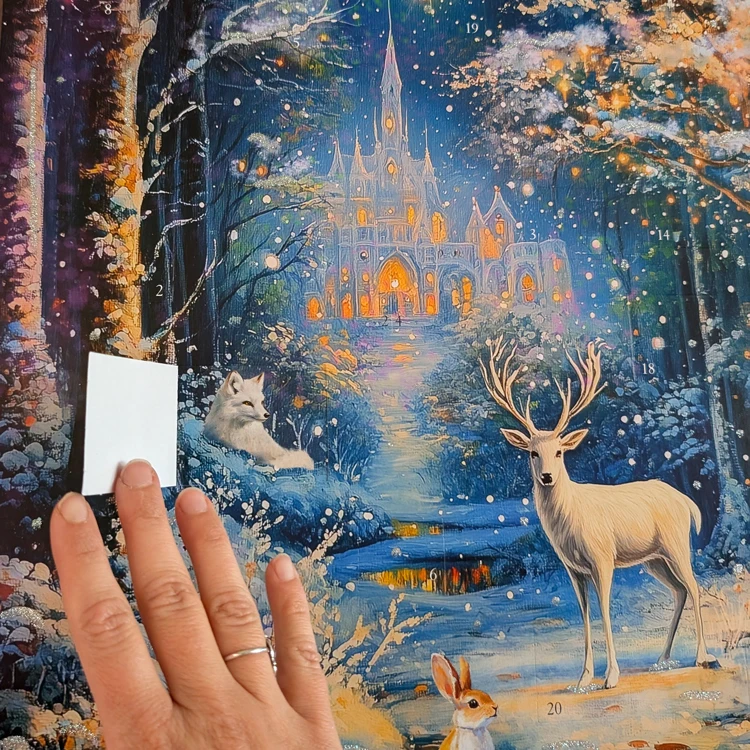 Eine Hand öffnet ein Türchen auf einem Adventskalender mit Zauberwaldmotiv.
