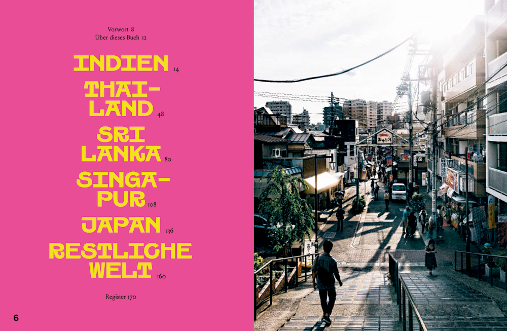 Links: pinker Hibtergrund mit Ländernamen in gelber Schrift. Rechts: Straßenszene in Japan mit Menschen und Gebäuden.