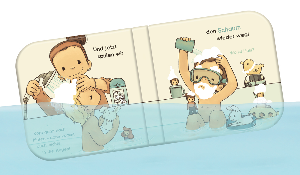 Es wird gezeigt, wie das Badebuch ins Wasser getaucht wird.