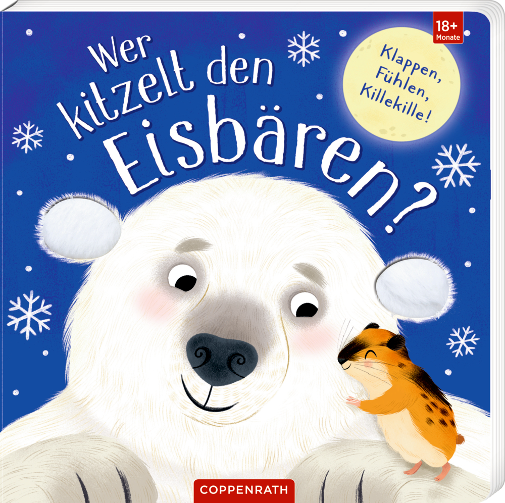 Blaues Buchcover mit Schneeflocken und lÃ¤chelndem EisbÃ¤ren, der von einem kleinen braunen Tier gekitzelt wird.