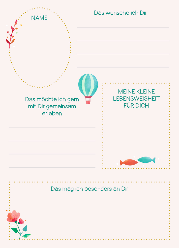 Bunte Vorlage mit Blumen, Heißluftballon und Fischen. Leere Flächen für persönliche Nachrichten.