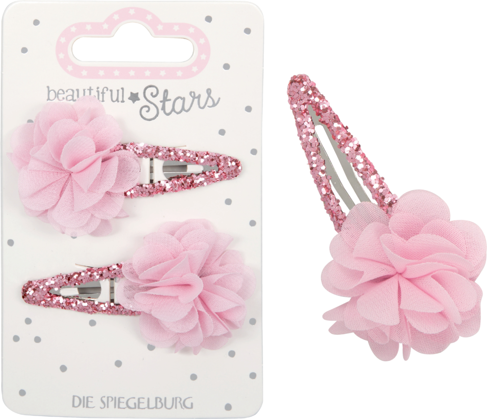 Zwei rosa Glitzer-Haarspangen mit Stoffblumen auf einer gepunkteten weißen Displaykarte mit der Aufschrift „Beautiful Stars“.