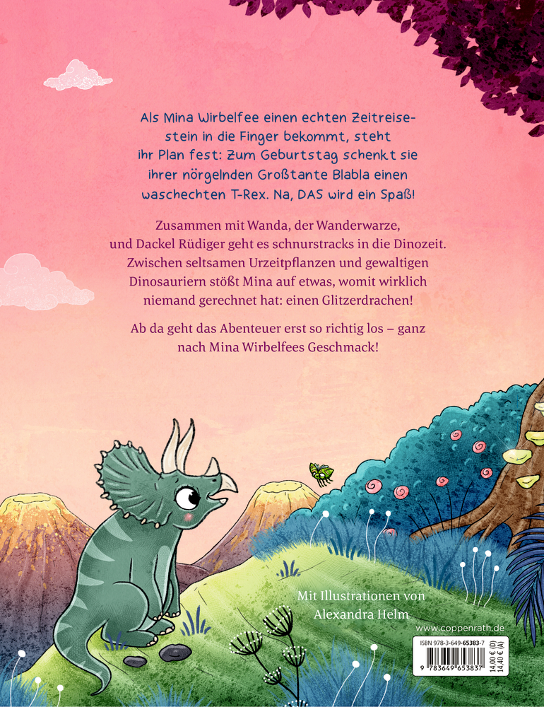Buchrückseite mit Illustration eines kleinen Triceratops auf einer Wiese mit bunten Pflanzen, Bergen und rosa Himmel.