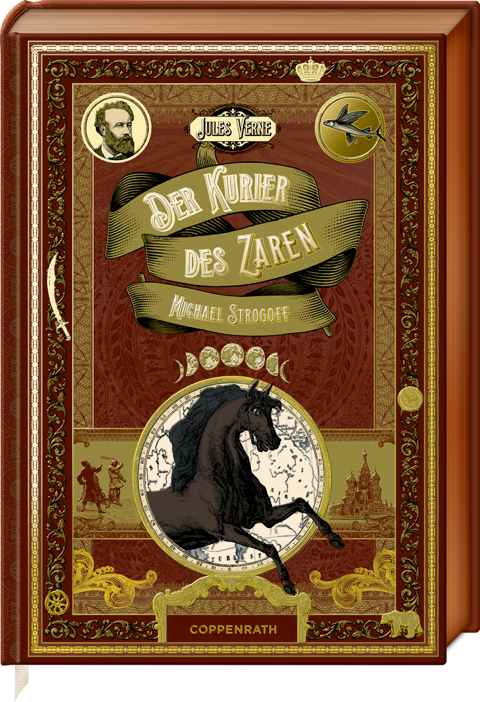 Braunes Buchcover „Der Kurier des Zaren“ von Jules Verne mit verziertem roten Rahmen und schwarzem Pferd auf Landkartenhintergrund.