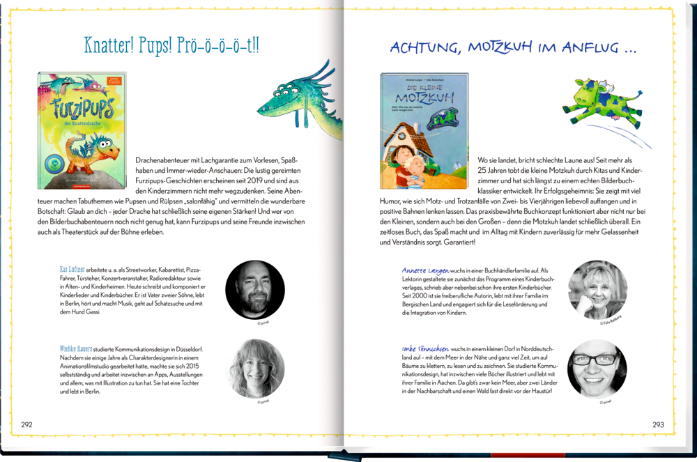 Doppelseite mit Kinderbuchvorstellungen, links „Furzipups der Knatterdrache“ mit Autorenporträts, rechts „Die kleine Motzkuh“ mit Porträts der Autorinnen.