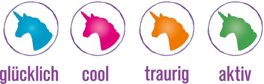 Vier Einhorn-Silhouetten in Blau, Pink, Orange und Grün mit den Gefühlen glücklich, cool, traurig und aktiv darunter.
