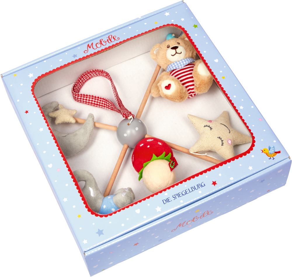 Hellblaue Pappschachtel mit einem Baby-Mobile aus Teddybär, Elefant, Stern, Pilz und Mond, sichtbar durch ein Fenster.