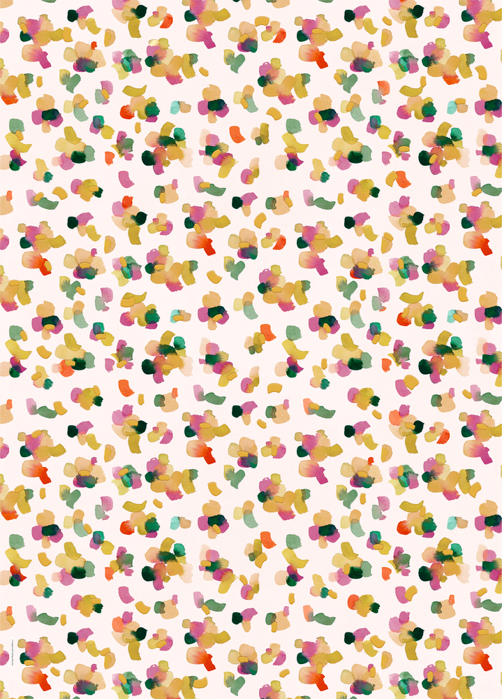 Buntes Muster mit kleinen Farbtupfern in Rosa, Gelb, Grün und Orange auf hellem Hintergrund