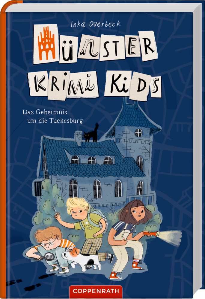 Auf dem Buchcover „Münster Krimi Kids“ suchen drei Kinder und ein Hund vor einem blauen Schloss nach Hinweisen.